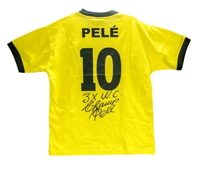 Pele Autographed Brazil "3x WC Champs" Inscribed Jersey